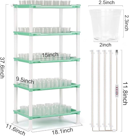 Seed Starter Tray Unit, 5-Tier Plant Stand with 4 LED Grow Lights & 90 Pack 2.5 Inch Clear Nursery Pots – for Indoor Gardening, Herb, Seedling Kits & Small Greenery