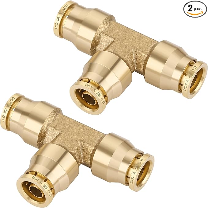 3/8" Quick Push to Connect Fittings Brass Union Tee Shaped Joint DOT Approved 3/8 Inch OD 3 Way Tube Air Line Adapter Air Spring Suspension Kit for Car Truck Trailers and Air Brake System 2pcs