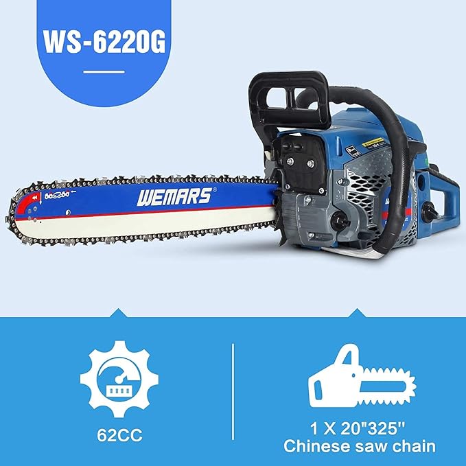 2-cycle 62CC Chainsaw Saw Gas Powered 20" Chain Saws Cordless Petrol Saw Handheld Chainsaw for Cutting Wood Trees Branches(6220G)