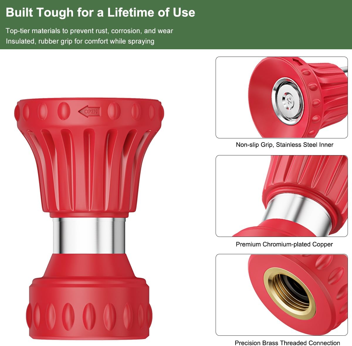 FANHAO Fireman Style Garden Hose Nozzle, Heavy Duty Fire Water Nozzle, High Power Leak Proof Adjustable Hose Sprayer Nozzle for Lawn/Garden Watering, Patio Cleaning, Car & Pets Washing