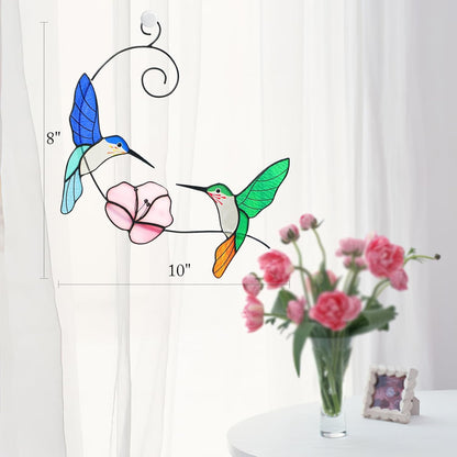 Hummingbird Stained Glass Window Hanging, Handmade Humming Bird with Flower Suncatcher, Sun Catcher Indoor Decor, Home Window Art, Decoration, Gift for Women Mom Bird Lover, 10"(W)X8"(H), Hanger Given