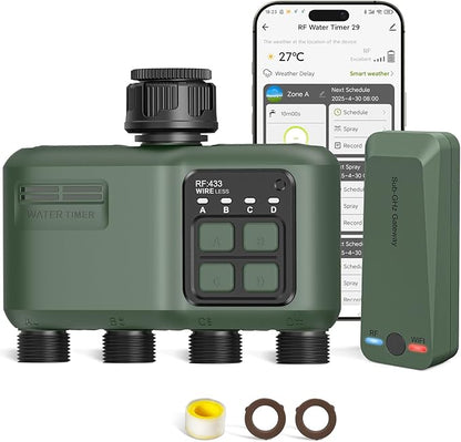 WiFi Water Timer 4 Zone for Garden Hose, Smart Sprinkler Timer with 984ft RF Range, Smart Lawn Watering System Irrigation Controller, APP/Voice Control, Rain Delay, Automatic/Manual Irrigation