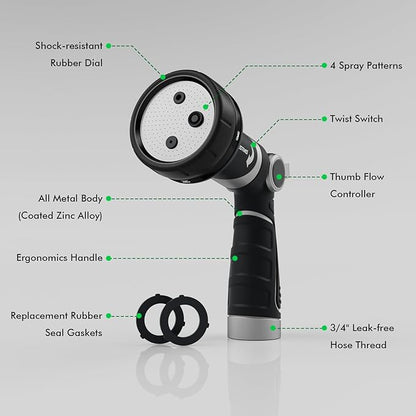 RESTMO 2-IN-1 Garden Hose Nozzle, Heavy Duty Metal Water Hose Nozzle with 4 Spray Patterns, Magic Twist and Thumb Flow Control, Ideal for Watering Plants & Lawns, Washing Cars & Pets, Black