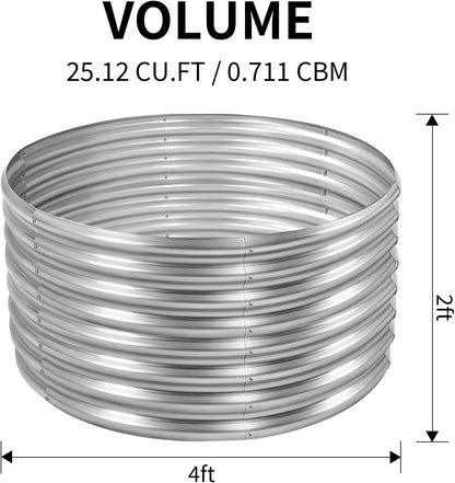 Land Guard 4×4×2ft Galvanized Raised Garden Bed Kit, Round Galvanized Planter Raised Garden Boxes Outdoor, Large Metal Raised Garden Beds for Vegetables, Silver