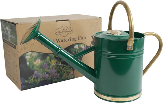 1 Gallon Galvanized Metal Watering Can with Solid Brass Sprout, Handle & Base Trim - Genuine Forged Copper Joints for Indoor/Outdoor Plants, Garden, Balcony for Kids and Adults (Emerald Brass)