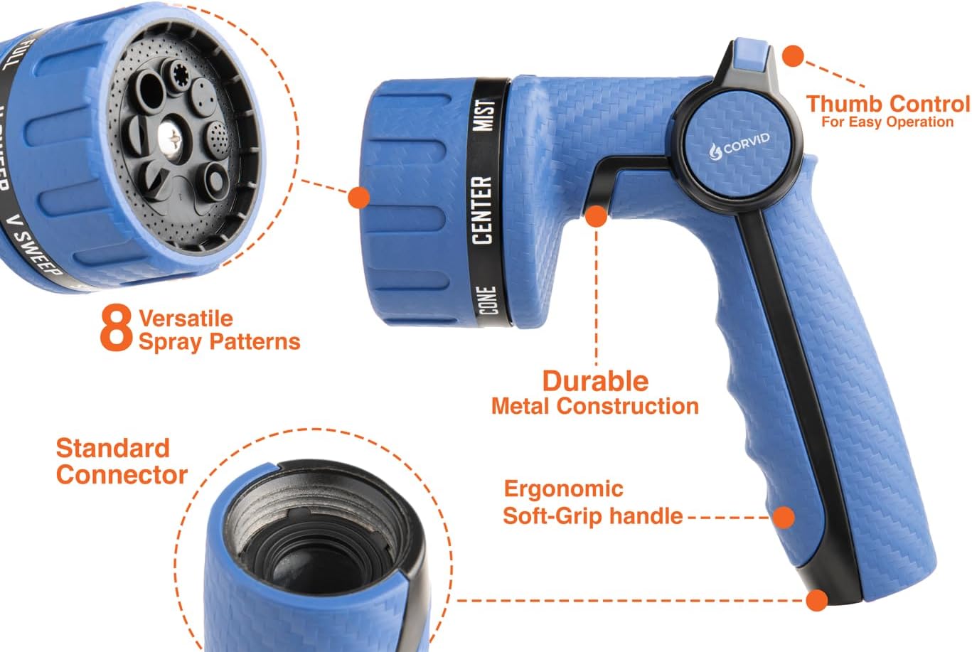 Heavy Duty 8-Pattern Garden Hose Nozzle with Thumb Control, Adjustable High-Pressure Watering Spray Nozzle with Ergonomic Handle - Perfect for Lawn & Garden, Car Wash, Pet Cleaning, and More