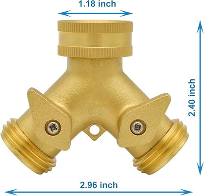 HYDRO MASTER Heavy Duty Brass 2 Way Y Splitter Garden Hose with Comfortable Grip Shut Off Valves, Adapter for Water Tap, Outlet, & Spigot, Includes Extra Rubber Washers