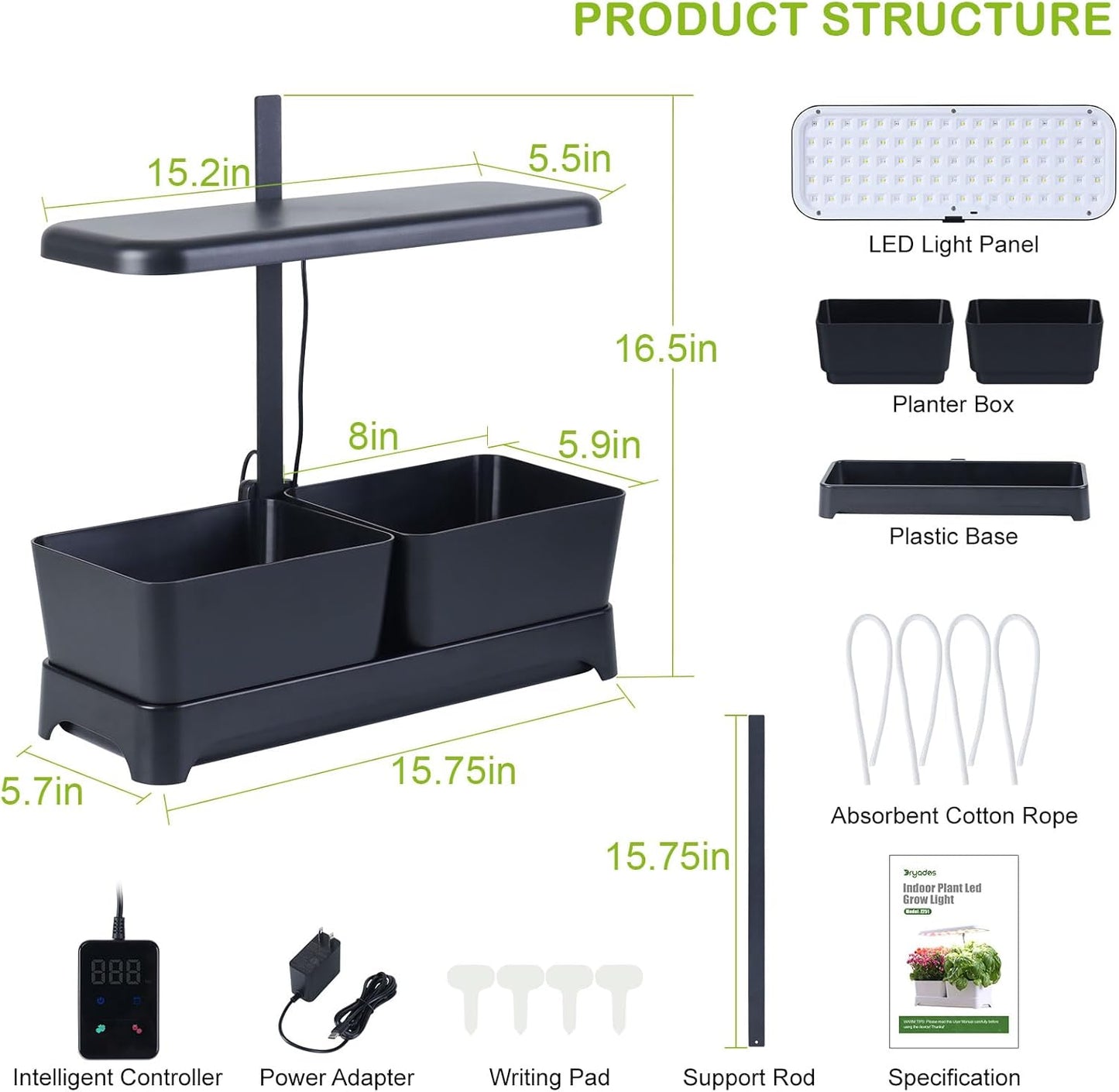 Indoor Garden Led Grow Light, Full Spectrum LED Grow Lamp for Indoor Plants with Intelligent Controller, Height Adjustable, Ideal for Home Desk Plant Lighting (Black, 16 * 6.3 * 7.1 inch)