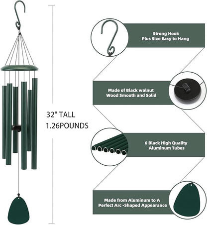 Wind-Chimes-Outdoor-Deep-Tone, Large Soothing Melodic Tones Windchimes, Wind Chimes for Outside, Memorial Wind Chime Best Gift for Mom Women Grandma Neighbors(32" Forest Green Coated Aluminum)