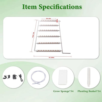 Wall-Mounted Hydroponic Grow Kit, 1 Layers 54 Plant Sites 6 Food-Grade PVC-U Pipes Hydroponics Planting System with Water Pump, Pump Timer, Nest Basket and Sponge for Leafy Vegetable