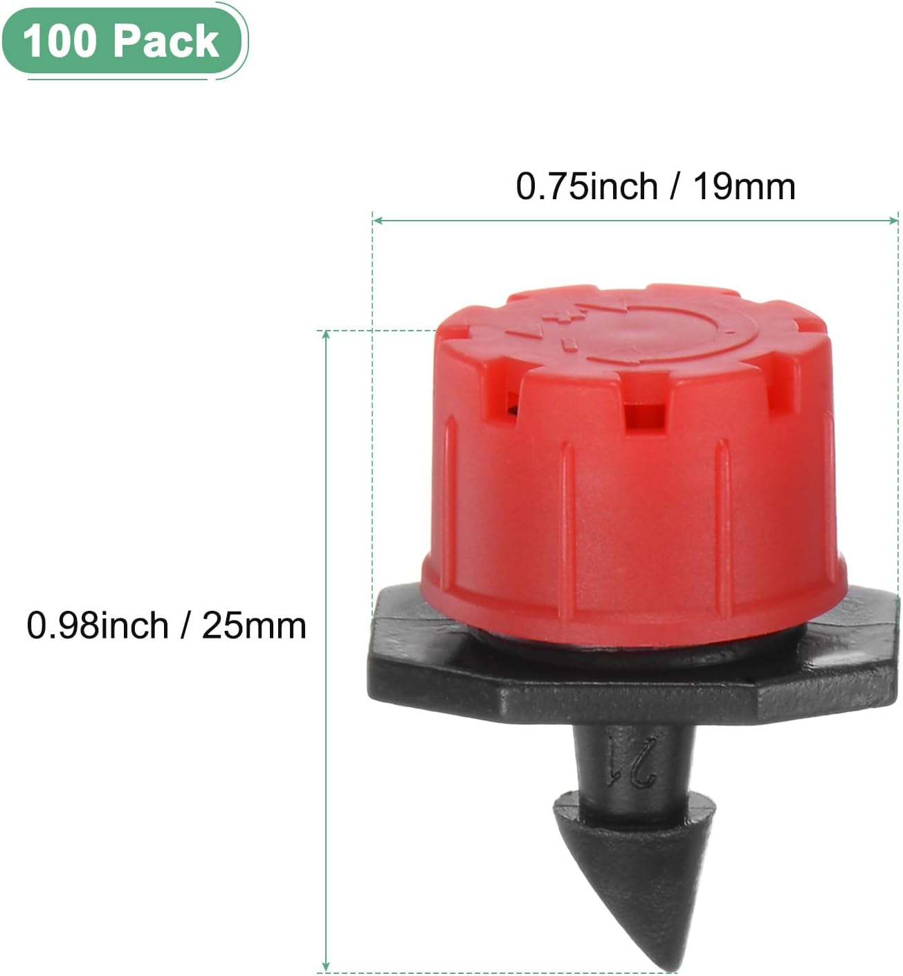 100-Pack 360 Degree Adjustable Irrigation Dripper, 1/4 Inch Barbed Emitter Drip Sprinklers for Garden/Greenhouse/Flower Bed/Watering System, Anti-Clogging Emitters [Red]