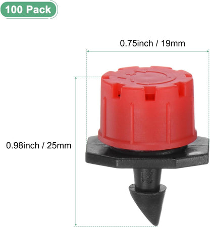 100-Pack 360 Degree Adjustable Irrigation Dripper, 1/4 Inch Barbed Emitter Drip Sprinklers for Garden/Greenhouse/Flower Bed/Watering System, Anti-Clogging Emitters [Red]