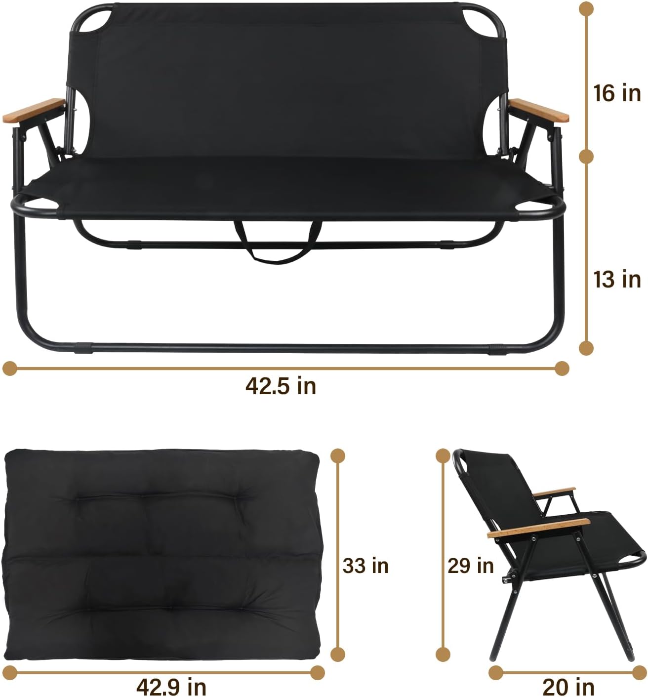 Loveseat Camping Chair with Detachable Cushion, Folding Double Camping Chair with Armrests for Outdoor Fishing Travel Lawn Patio (Black)