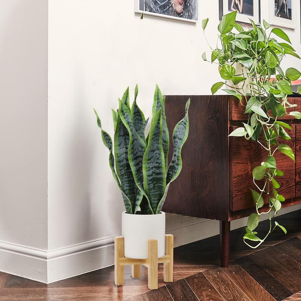 Hollyone Artificial Snake Plant Potted with Solid Wood Plant Stand, 19" Faux Sansevieria Tropical White Ceramic Pots Fake Plants for Home Office Indoor Decor Housewarming Gift