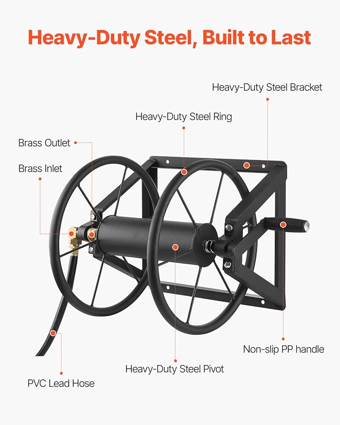 VEVOR Wall Mounted Garden Hose Reel, Holds 200 ft 5/8-inch Manual Water Hose Winder, Heavy-Duty Steel, Outdoor Reel with Brass Fitting & 5ft Leader Hose, Space Saving, for Yard Lawn Garage
