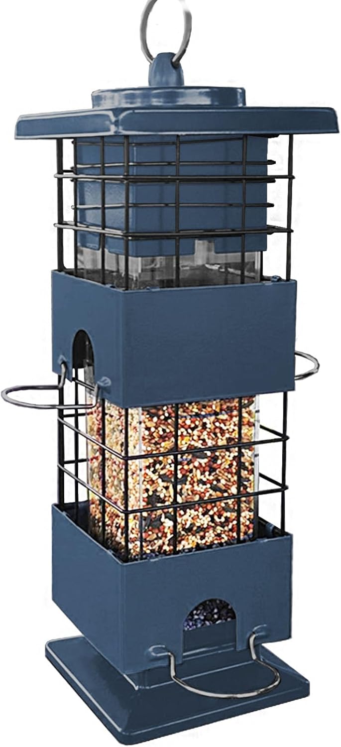 Squirrel Proof Bird Feeder, Metal Bird Feeders for Outdoors, 3Lbs Birdfeeder Outside Hanging, Weight Activated Spring, 4 Feeding Ports, Cardinals, Finches & Sparrows, Wild Birds (Blue)