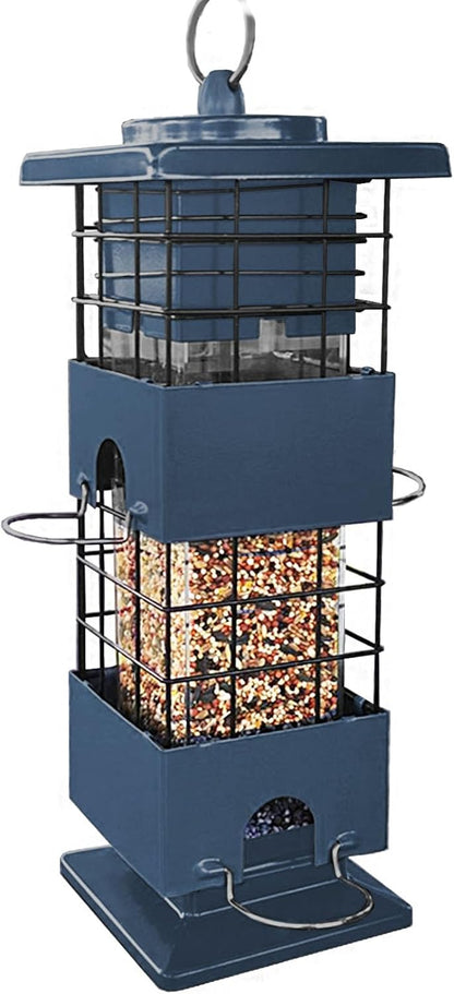 Squirrel Proof Bird Feeder, Metal Bird Feeders for Outdoors, 3Lbs Birdfeeder Outside Hanging, Weight Activated Spring, 4 Feeding Ports, Cardinals, Finches & Sparrows, Wild Birds (Blue)
