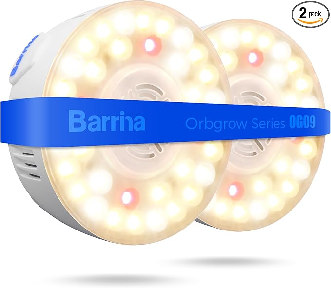 Barrina Orbgrow OG09 Puck LED Grow Light with 660nm Red LEDs, 18W(2 x 9W, 270 Watt Equiv), Plant Lights for Indoor Plants Full Spectrum, Magnetic & Linkable, Small Grow lamp for Plant Shelf, 2 Packs