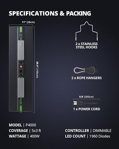 VIPARSPECTRA Upgraded P4000 Led Grow Lights for Indoor Plants Dimmable Full Spectrum Commercial Grow Lamp for Seedlings Veg/Bloom in 5x3 Grow Tents Greenhouses