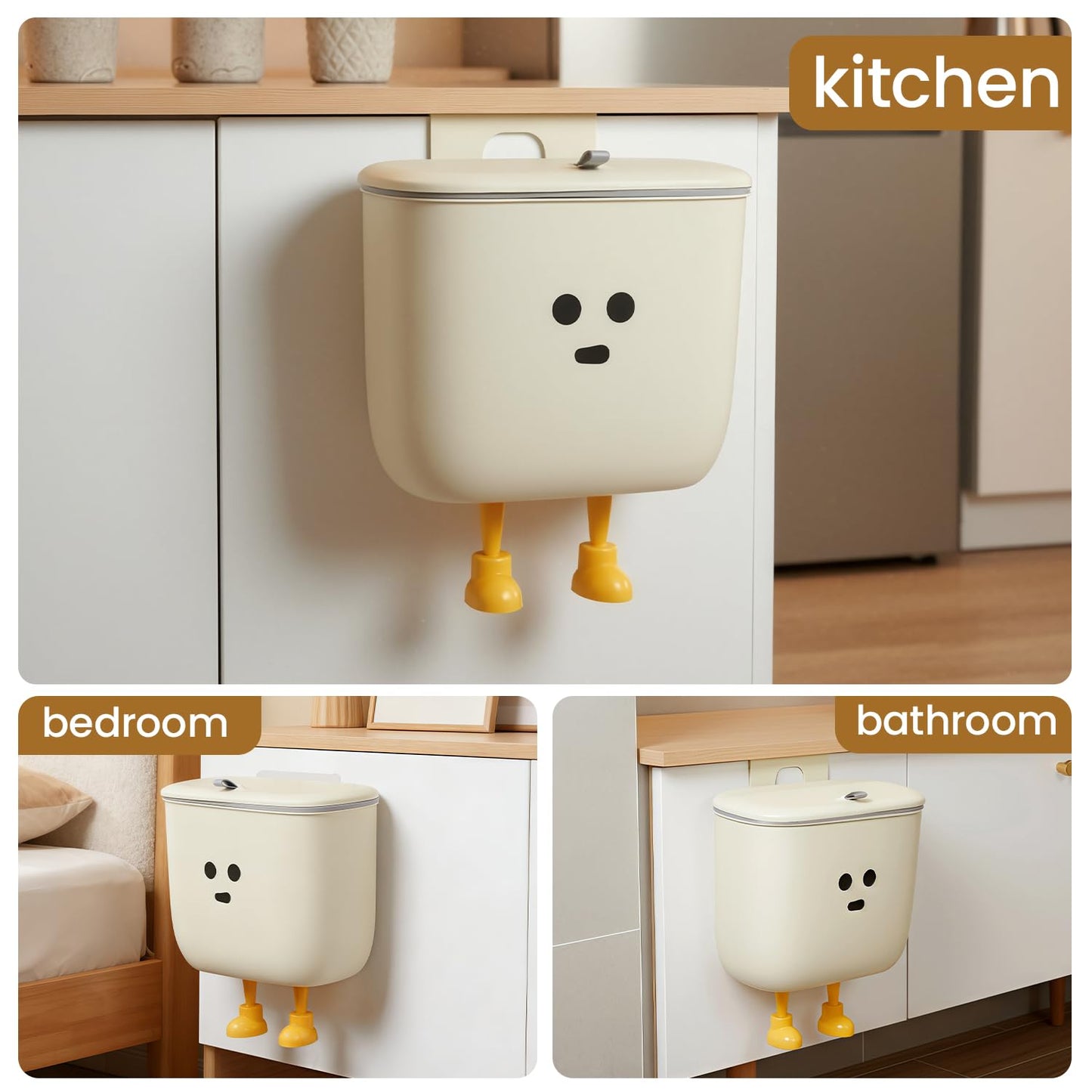 9L Kitchen Compost Bin for Countertop or Under Sink - Hanging Small Trash Can with Lid for Cupboard/Bathroom/Bedroom/Office/Camping, Mountable Indoor Compost Bucket (White)