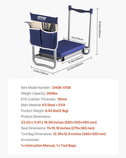 VEVOR Large Folding Garden Kneeler and Seat Heavy Duty, Widened 10" EVA Foam Pad, Portable Garden Stool with Tool Bags, Gardening Bench to Relieve Knee & Back Pain, Gifts for Seniors, Women, Parents