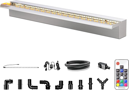 LONGRUN Waterfall Pool Fountain, Updated 5.9'' Wider Open Lip Stainless Steel Waterfall Spillway, Decorative Water Feature for Swimming Pools, Koi Ponds, Spa & Garden - 23.6''