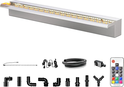 LONGRUN Waterfall Pool Fountain, Updated 5.9'' Wider Open Lip Stainless Steel Waterfall Spillway, Decorative Water Feature for Swimming Pools, Koi Ponds, Spa & Garden - 35.4''