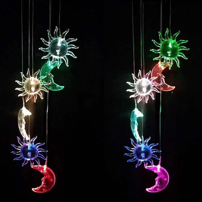 Solar Sun and Moon Wind Chimes Outdoor - Waterproof Mobile Romantic Changing Light Color Wind Chime, Sun Moon Windchimes for Xmas Mom Gifts, Home, Party, Festival Decor, Night Garden Decoration