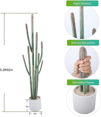 Tall Faux Cactus Plant，62in Realistic Texture Tall Fake Plant, Artificial Cactus Large with White Planter Indoor Outdoor for Home Office Living Room Bedroom Foyer Porch Decor.