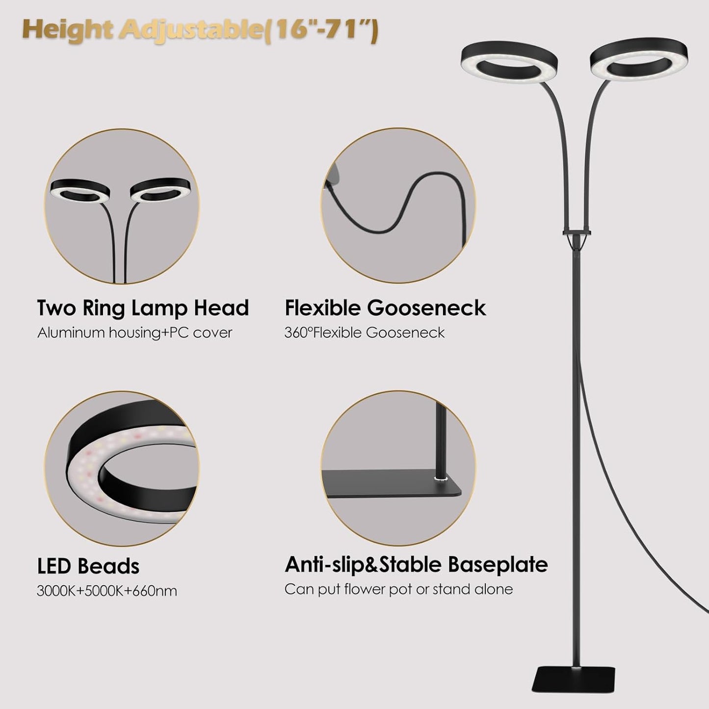 GLOWRIUM Grow Light with Stand,2-Head LED Plant Light for Indoor Plants, Full Spectrum Grow Lamp, 3/9/12H Timer, 6 Dimmable Levels, 3 Lighting Mode, Adjustable Height