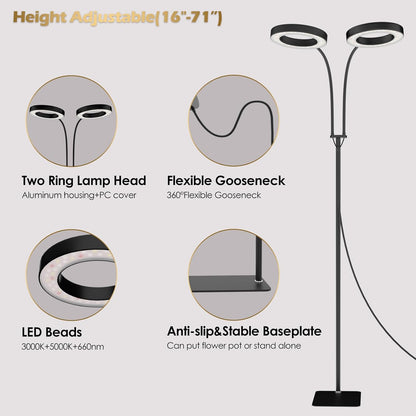 GLOWRIUM Grow Light with Stand,2-Head LED Plant Light for Indoor Plants, Full Spectrum Grow Lamp, 3/9/12H Timer, 6 Dimmable Levels, 3 Lighting Mode, Adjustable Height