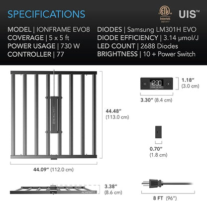 AC Infinity IONFRAME EVO8, Samsung LM301H EVO Bar LED Grow Light 5x5, 2688 Diodes, with Schedule Controller, 730W Full-Spectrum Commercial Plant Lights for Indoor Growing in Grow Rooms & Greenhouses