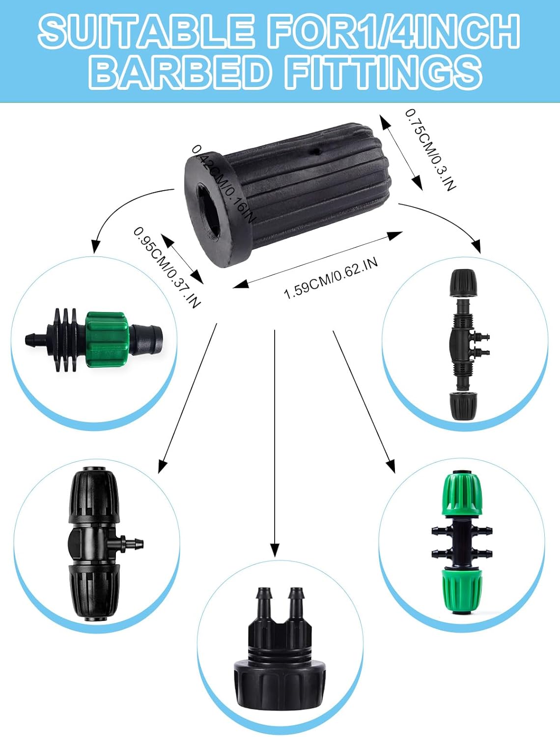 Kalolary 20PCS Barbed Tee 1/2" to 1/4" Drip Irrigation Fittings, Anti-Drop Barbed Hose Parts Connectors for 12mm/16mm to 4mm/7mm Drip Systems 6 Way Adapter（Black）