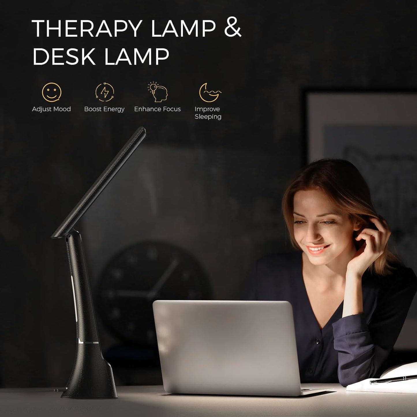 Light Therapy Lamp, 10000 LUX UV-Free LED Sunlight Light, Full Spectrum Mood Light Hayyp Lamp, Touch Control Desk Lamp with Night Light Function Work Office Home -Black