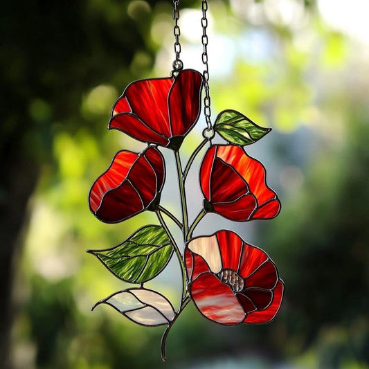 Poppies August Birth Flower Acrylic Suncatcher Stained Glass Effect Window Car Hanging Christmas Ornament Indoor Outdoor Decor Garden Sun Catcher for Flower Lover for Women Mom Grandma