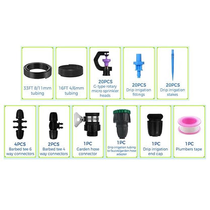 49.2FT/15M Rotary Sprinkler Drip Irrigation System, Adjustable Complete Drip Irrigation Kit with Rotary Sprinkler, 1/2" and 1/4" Irrigation Tubing and Barbed Fittings for Garden,Raised Bed,Yard,Lawn