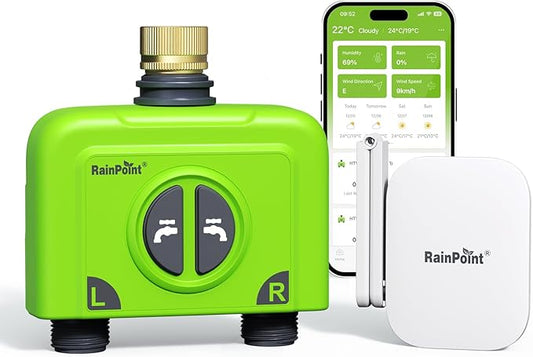 RAINPOINT WiFi Water Timer for Garden Hose, Brass Inlet 2 Zone WiFi Sprinkler Controller, Smart Hose Timer Valve with Antenna Gateway, Automatic Drip Irrigation System/Rain Delay for Garden/Lawn/Yard