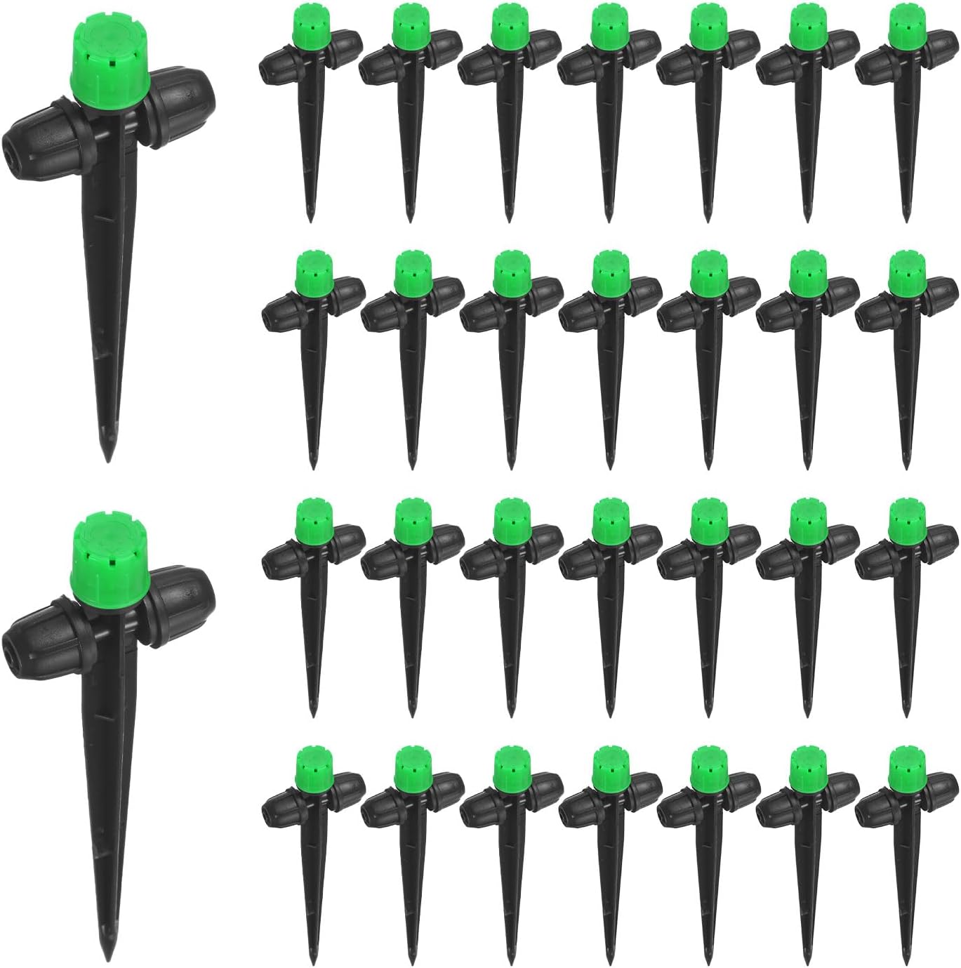 30-Pack Drip Irrigation Emitters Sprayers, Drippers on 5"/13mm Stake Adjustable 360 Degree Water Flow 8 Holes for 1/4" Drip Irrigation Tubing for Watering System [Dark Green, Drip]