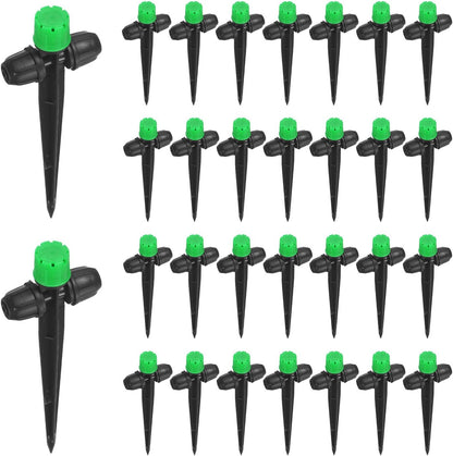 30-Pack Drip Irrigation Emitters Sprayers, Drippers on 5"/13mm Stake Adjustable 360 Degree Water Flow 8 Holes for 1/4" Drip Irrigation Tubing for Watering System [Dark Green, Drip]