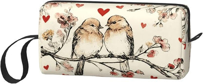 Vintage Lovebirds Floral Hearts Makeup Bag Organizer Compact & Durable Birds Travel Cosmetic Bag Oxford Fabric Impact-Resistant Multi-Purpose Storage Perfect for Travel, Gym, Daily Use