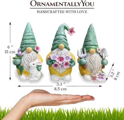Spring & Summer-Themed Garden Statues – Adorable Outdoor Decor for Lawn, Patio & Porch (Garden Guardians Set of Three 6" Gardening Gnome Figurines, Floral Green and Yellow Statue Decor)