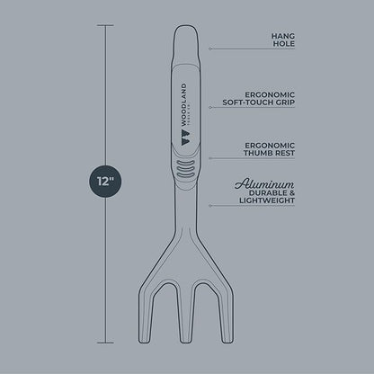Woodland Tools Heavy Duty Hand Cultivator, 3-Prong Garden Claw Tiller Tool with Anodized Aluminum Head and Soft Ergonomic Grip, Manual Soil Cultivator for Weeding, Digging, and Breaking Up Dirt