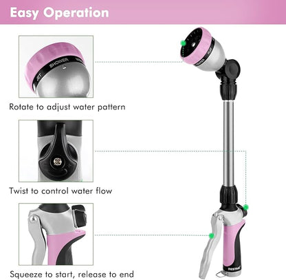 RESTMO Metal Watering Wand, Heavy Duty Garden Hose Wand with 180° Swivel Ratcheting Head, 16'' Hose Nozzle Sprayer with 7 Spray Patterns and Flow Control, for Water Hanging Baskets and Shrubs, Pink