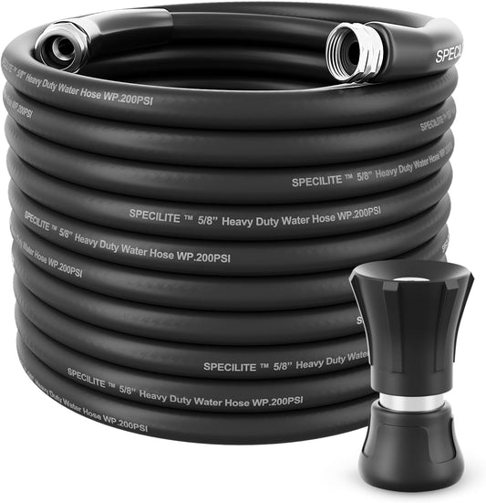 SPECILITE 5/8" Garden Hose 100 ft with High Flow Nozzle, Heavy Duty Flexible Hybrid Rubber Water Hose for Outdoor, Lightweight, Leak-Proof, No-Kink, 3/4"Stainless Steel Fittings,Black