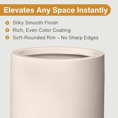 19.5" H x 9.8" D Tubo Fiberstone Cylinder Tall Planter with Drainage Hole, Smooth Finishes, for Indoor and Outdoor Use, Included 2 Extra Coco Mats (Kilim Beige, 8.2" Pot Opening)