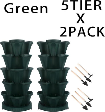 Vertical Planter 5 Tier Stackable Planters Garden Planters Strawberry Herb Flower and Vegetable Planter Indoor Outdoor Gardening Pots with Removable Wheels and Tools 2-Pack
