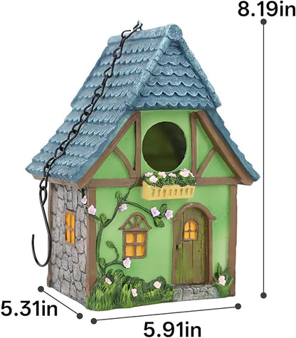 Cottage Garden Birdhouse – Green Resin Outdoor Decorative Bird House with Flower and Stone Details, Weatherproof for Backyard or Porch