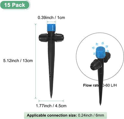 15-Pack Drip Irrigation Emitters Sprayers, Drippers on 5"/13mm Stake Adjustable 360 Degree Water Flow 8 Holes for 1/4" Drip Irrigation Tubing for Watering System [Blue, Drip]