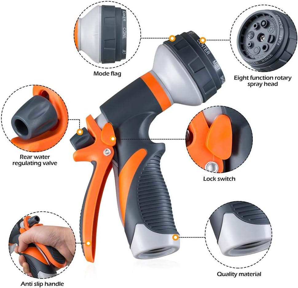 Garden Hose Nozzle, Heavy Duty Hose Nozzle with 8 Adjustable Watering Patterns, Multifunctional High Pressure Hose Nozzle Sprayer for Home, Watering Lawns and Garden, Car Cleaning