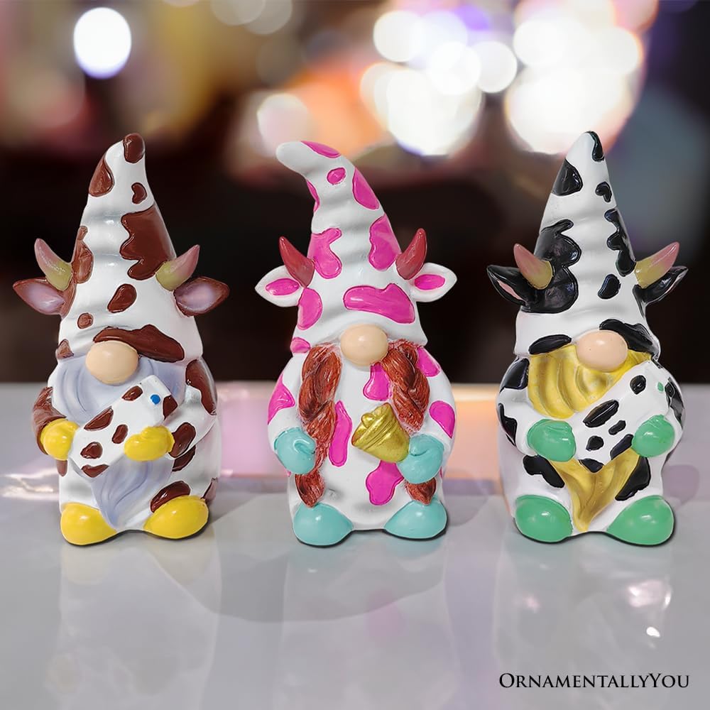 Spring & Summer-Themed Garden Statues – Adorable Outdoor Decor for Lawn, Patio & Porch (Cow Gnome Trio Mini Statue Set of Three, 5" Miniature Figurine and Unique Farm Resin Garden Statue)
